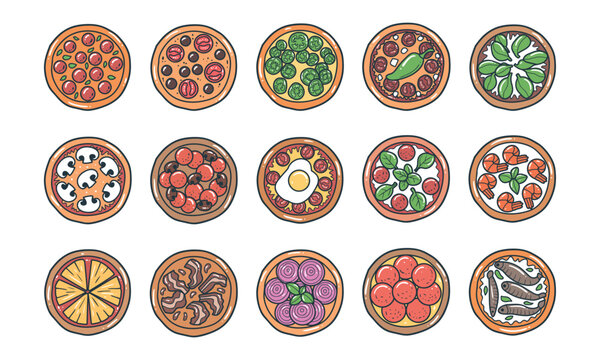 Variant pizza with top view vector graphic illustration set