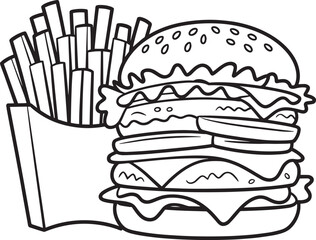 Fast Food Coloring Page Vector of Burger and French Fries Fun Junk Food Illustration, burger and fries coloring page