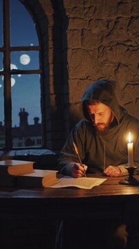 A medieval scribe writes by candlelight in a dimly lit room. The low-angle shot adds depth, evoking a historical video scene with moonlit ambiance.