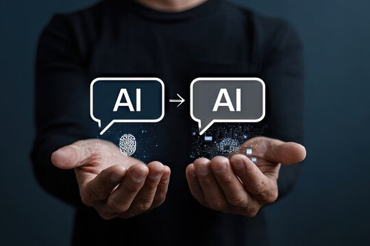 AI evolution depicted by hands holding digital speech bubbles - Powered by Adobe