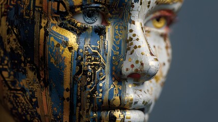 A woman's face is made of computer chips and wires. The blue eyes are glowing and the face is surrounded by a black background. The image conveys a futuristic and technological mood