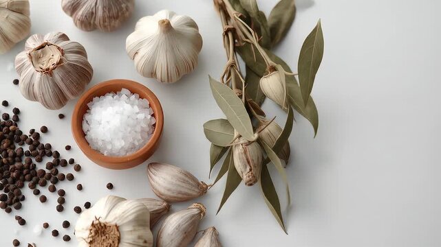 Elevated culinary arrangement featuring garlic bulbs, salt, peppercorns, and bay leaves