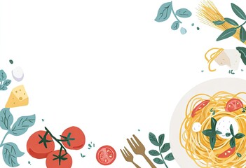 Flat lay of pasta dish with ingredients