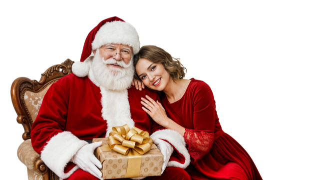 Santa Claus and Woman Enjoying Christmas Gift