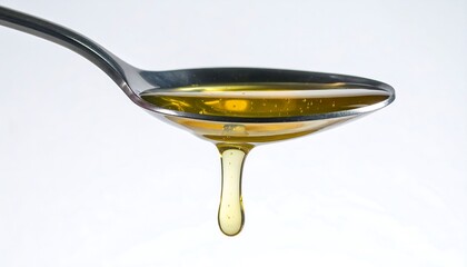 Honey drips from a spoon, showcasing a glistening golden liquid against a simple white background.