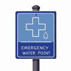A minimalist blue and white emergency water point sign, with clear instructions, enhances safety and user experience in modern office design and corporate facilities.