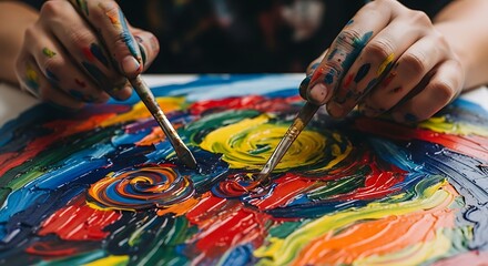 Creative hands skillfully apply thick, vibrant paint to a canvas, bringing an abstract vision to life with dynamic brushstrokes, showcasing the artistic process