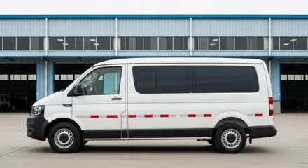 A white passenger van with tinted windows and reflective red and silver stripes along its side is parked in front of a blue industrial building with large windows
