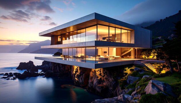 A modern, minimalist cliffside home with expansive ocean views, bathed in warm, ambient light, showcases contemporary architecture at twilight.