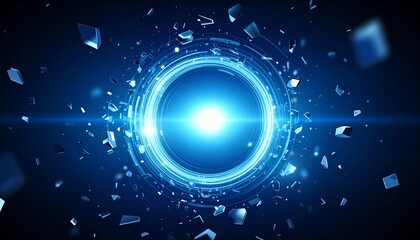 Abstract digital technology graphic design with a glowing circle and exploding elements.