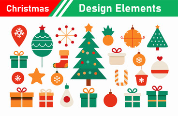 Festive Christmas Design Elements Collection with Santa Hats Trees and Ornaments
