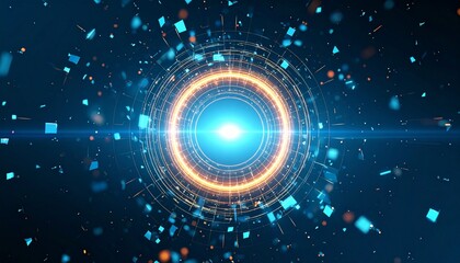 Abstract glowing circular technology background with particles.