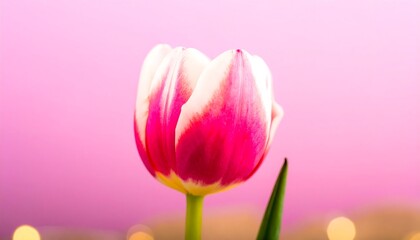 Fototapeta premium Close-up of a single, vibrant pink and white tulip blossom against a soft, pastel pink background.