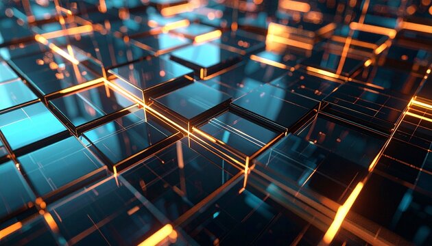 Abstract digital network grid with glowing orange lines and blue squares, representing technology and data flow.