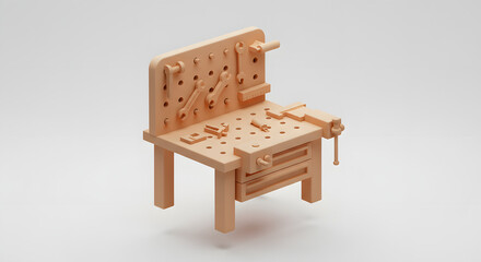 Stylized Wooden Workbench Model with Tools and Pegboard. Minimalist Craft and DIY Concept on White Background.