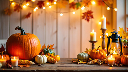 Obraz premium Cozy Autumn Harvest Display with Pumpkins and Warm Lights.