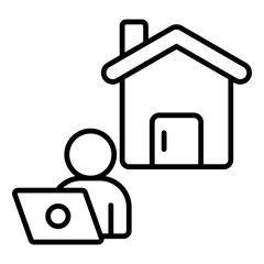 Remote work outline line icon representing a person with a laptop computer and a house symbol, depicting a remote job or freelance lifestyle concept