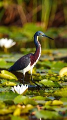 Naklejka premium Heron wading in lily pads (1)