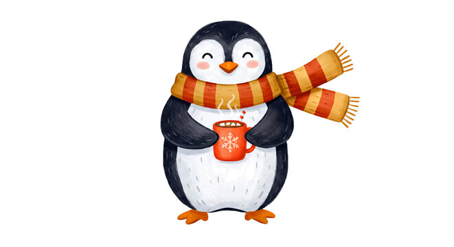 Pinguim de Inverno com Cachecol e Chocolate Quente