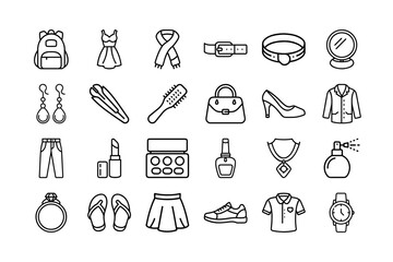 Beauty And Fashion Vector Icon Sheet For Makeup Style Clothing Accessories Glamour Cosmetics Lifestyle  