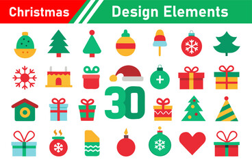 christmas, icon, set, holiday, design, elements, vector, illustration, ornament, star, gift, snowflake, snowman, stocking, christmas tree, heart, cake, candy cane, decoration, festive, celebration, gr