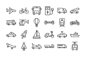 Fototapeta premium Transportation Advanced Vector Icon Sheet For Cars Bus Train Airplane Vehicle Logistics Mobility Travel 