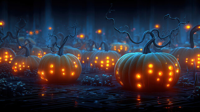 A mystical scene of glowing pumpkins in a dark forest, featuring twisted vines and a surreal atmosphere, perfect for Halloween.