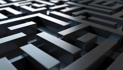 A detailed close-up view of a complex, three-dimensional metallic maze with intricate pathways and shadows.