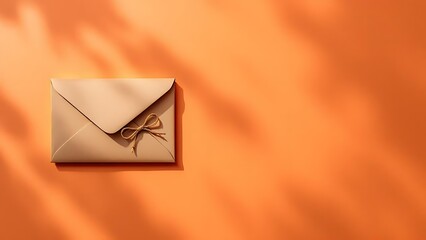 Creative gift envelope tied with brown rope bow on orange surface. Suitable for wedding invitations, greeting cards, and minimal design visuals