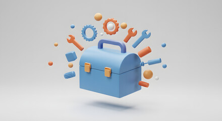 Blue 3D Toolbox with Floating Repair Tools & Gears. Service, Maintenance, Support & Solutions Concept.