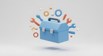 3D Blue Toolbox with Floating Maintenance and Repair Tools. Creative Service and Support Concept Illustration