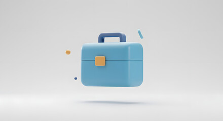 3D minimalist blue briefcase icon floating on a clean white background, representing business, work, and professional tools.