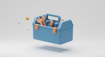 Minimalist 3D Blue Toolbox with Hand Tools. Repair, Maintenance, Service, and DIY Concept.
