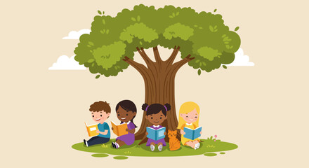 Naklejka premium Children Reading Books Under a Shaded Tree.