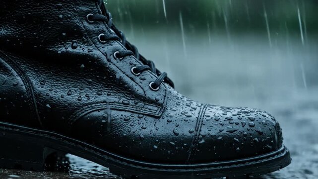 Wet, laced leather boot close-up on ground during a downpour