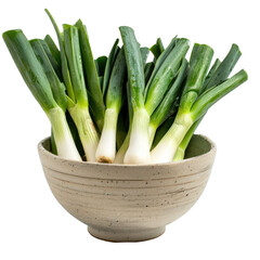Obraz premium Leeks in a bowl front view isolate on transparency background