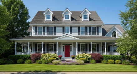 A beautiful twostory colonialstyle house with a welcoming red front door, a wraparound porch, and lush landscaping under a clear blue sky