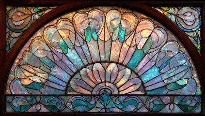 Stained glass window with arched design, vibrant colors, and iridescent hues