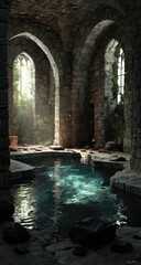 Dark, ancient crypt with pool of water, sunlight streams in