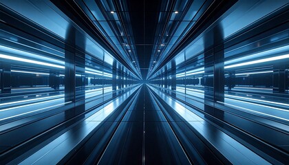 Symmetrical futuristic corridor with glowing blue lights creating a sense of infinite digital space.