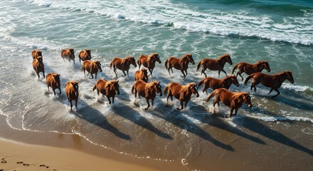 Wild Horses Galloping on Beach