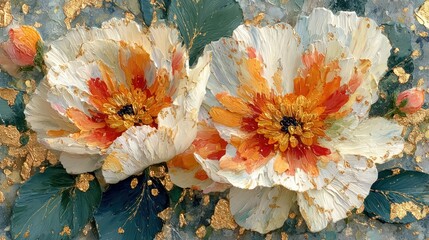 Orange and cream floral abstract with gold details