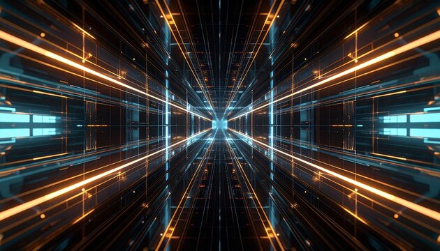 Intricate digital tunnel design with glowing lines and a futuristic perspective. - Powered by Adobe