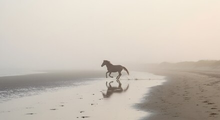 Wild Horse Galloping on Foggy Beach