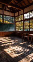 Sunlight streams into a rustic wooden classroom