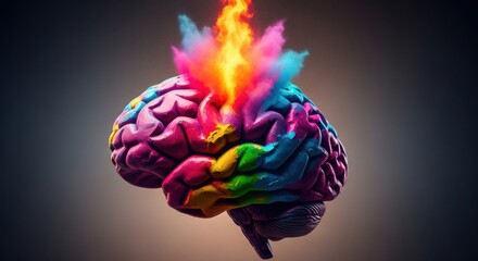 A vibrant, multicolored brain bursts with fiery energy and creative inspiration, symbolizing a powerful explosion of ideas and imagination