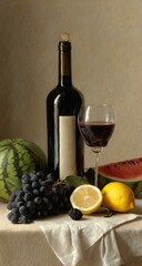 Still life of wine, fruit, and cloth