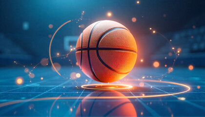 Fototapeta premium Basketball Hovering Above A Glowing Grid With Sparkling Particles And Light Trails Around It