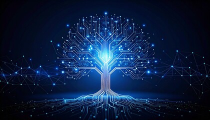 A glowing digital circuit board tree with intricate roots and branches symbolizing technology, data, and interconnectedness against a dark blue background.