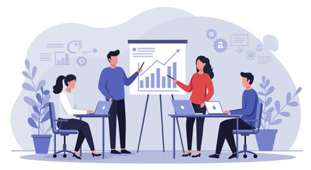 Business Team Presenting Data on Whiteboard During Meeting.